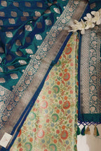 Multicolor Banarasi Pure Silk Suit With Blue Banarasi Handloom Pure Katan Silk Dupatta - Luxurion World
