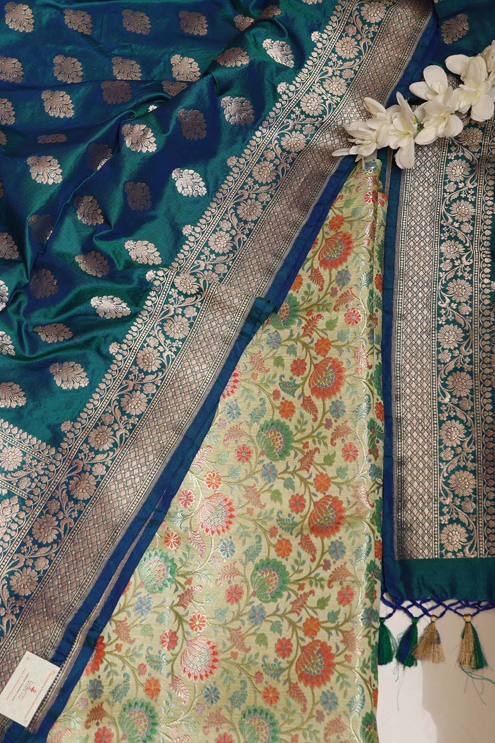 Multicolor Banarasi Pure Silk Suit With Blue Banarasi Handloom Pure Katan Silk Dupatta - Luxurion World