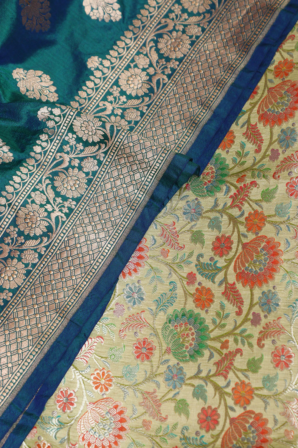 Multicolor Banarasi Pure Silk Suit With Blue Banarasi Handloom Pure Katan Silk Dupatta - Luxurion World