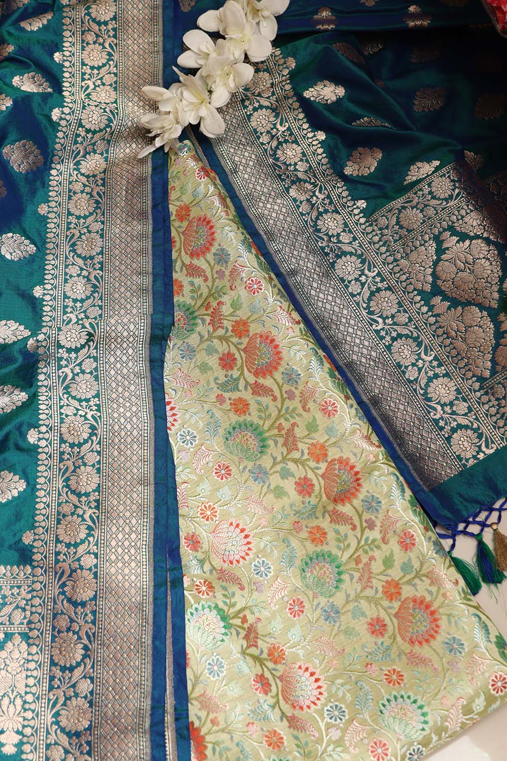 IS4B125122602 Multicolor Banarasi Pure Silk Suit With Blue Banarasi Handloom Pure Katan Silk Dupatta - Luxurion World