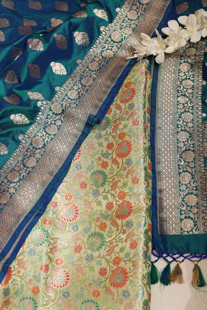 IS4B125122602 Multicolor Banarasi Pure Silk Suit With Blue Banarasi Handloom Pure Katan Silk Dupatta - Luxurion World
