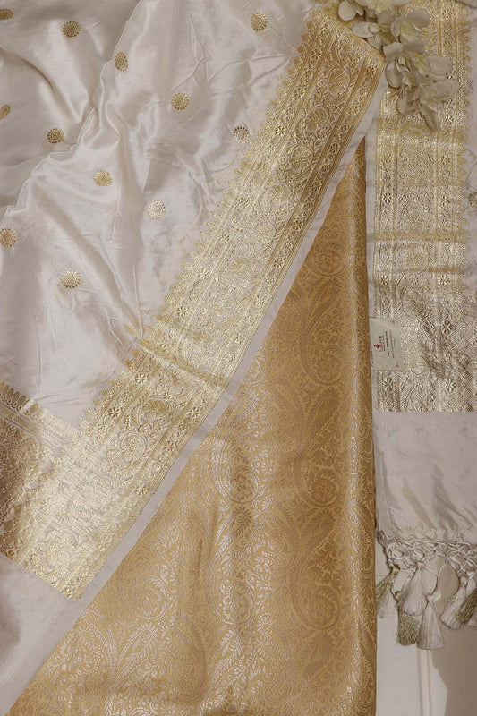 IS4B125122603 Golden Banarasi Silk Soft Brocade Flower Design Suit With White Handloom Banarasi Pure Katan Silk Dupatta