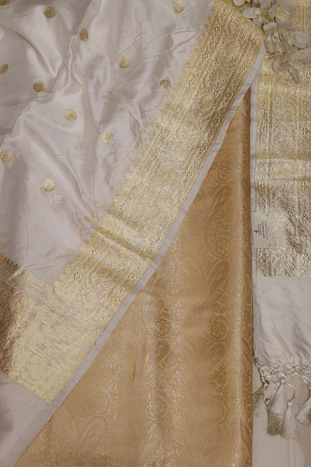 Golden Banarasi Silk Soft Brocade Flower Design Suit With White Handloom Banarasi Pure Katan Silk Dupatta - Luxurion World