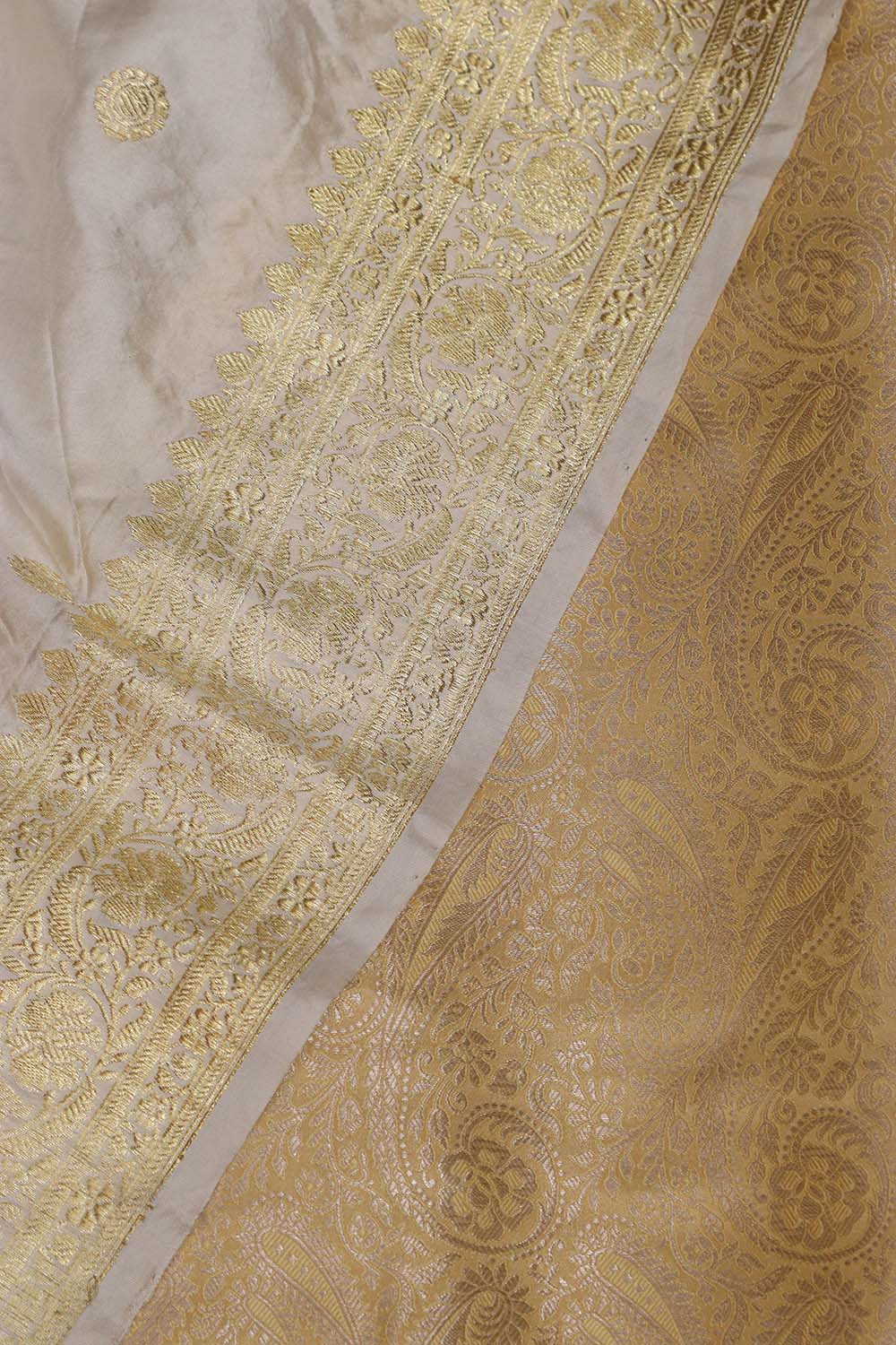 Golden Banarasi Silk Soft Brocade Flower Design Suit With White Handloom Banarasi Pure Katan Silk Dupatta