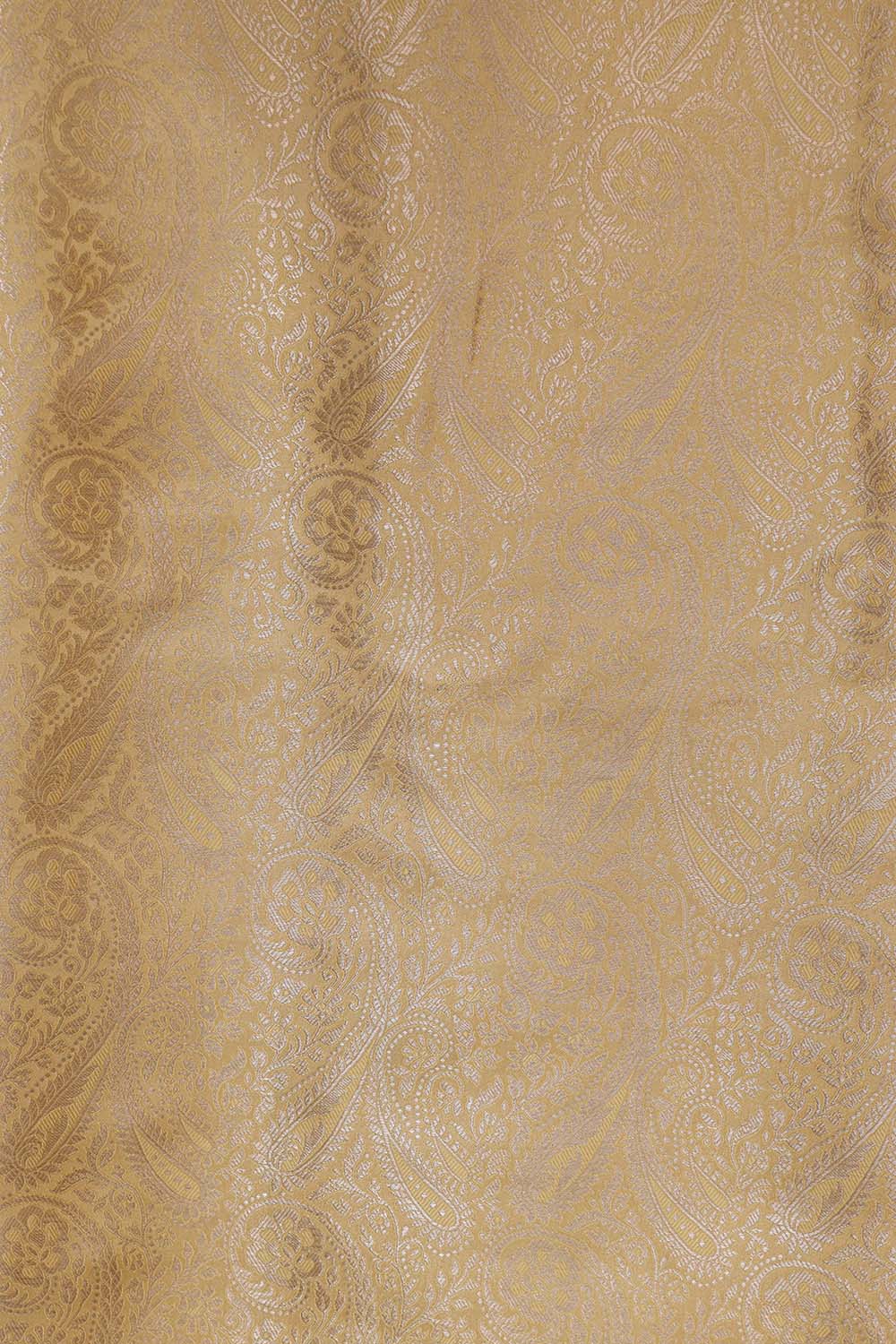 Golden Banarasi Silk Soft Brocade Flower Design Suit With White Handloom Banarasi Pure Katan Silk Dupatta - Luxurion World