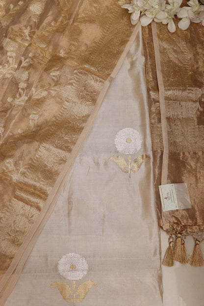 Stunning Dyeable Handloom Banarasi Tissue Katan Silk Suit With Dyeable Banarasi Handloom Pure Tissue Silk Flower Design Dupatta