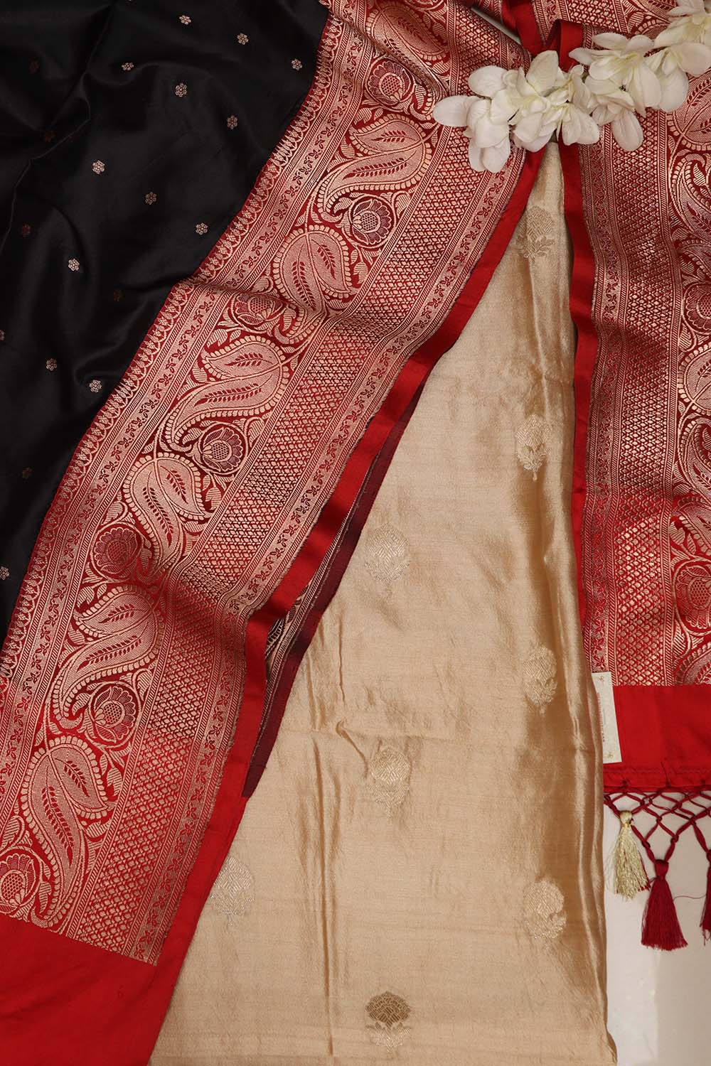 Pastel Banarasi Handloom Chiniya Silk Suit With Black Handloom Banarasi Pure Katan Silk Dupatta