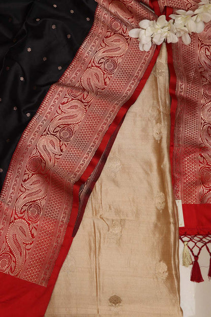 Pastel Banarasi Handloom Chiniya Silk Suit With Black Handloom Banarasi Pure Katan Silk Dupatta