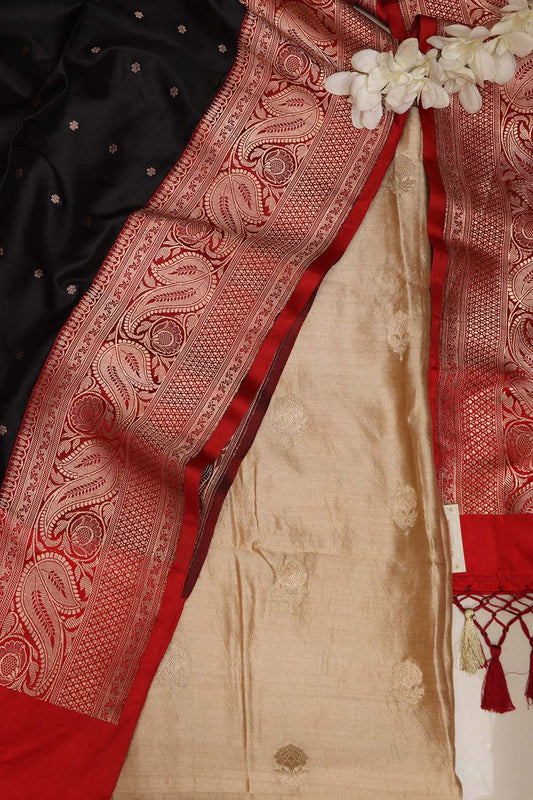 IS4B125122605 Pastel Banarasi Handloom Chiniya Silk Suit With Black Handloom Banarasi Pure Katan Silk Dupatta
