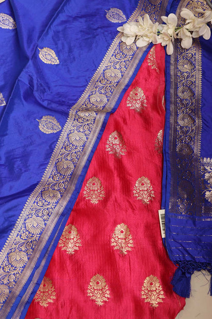 Pink Banarasi Handloom Pure Katan Silk Suit With Blue Banarasi Handloom Pure Katan Silk Dupatta