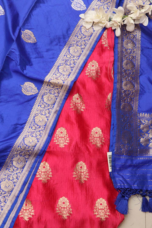 Pink Banarasi Handloom Pure Katan Silk Suit With Blue Banarasi Handloom Pure Katan Silk Dupatta - Luxurion World
