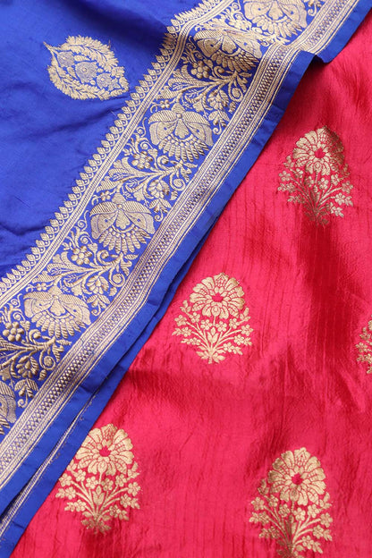 Pink Banarasi Handloom Pure Katan Silk Suit With Blue Banarasi Handloom Pure Katan Silk Dupatta