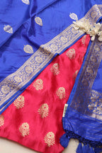 Pink Banarasi Handloom Pure Katan Silk Suit With Blue Banarasi Handloom Pure Katan Silk Dupatta - Luxurion World
