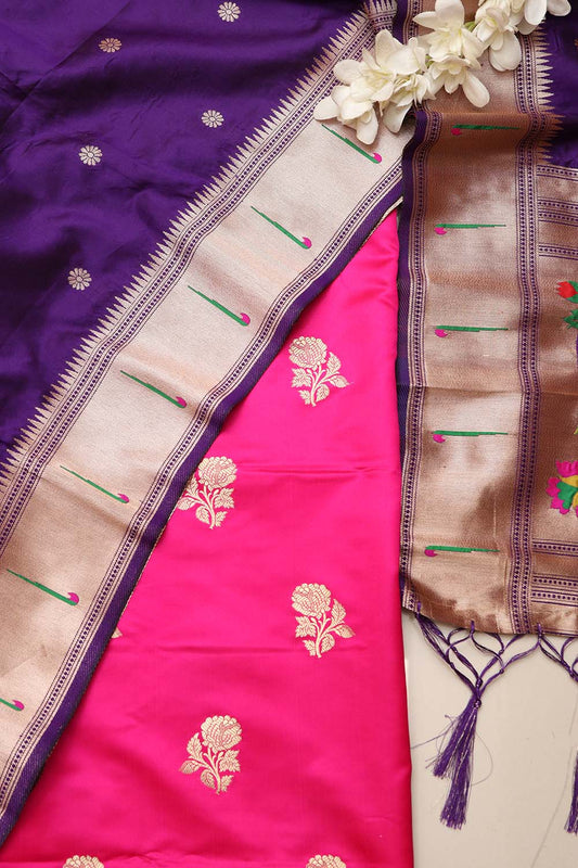 Pink Handloom Banarasi Silk Flower Design Suit With Purple Paithani Silk Flower & Peacock Design Dupatta