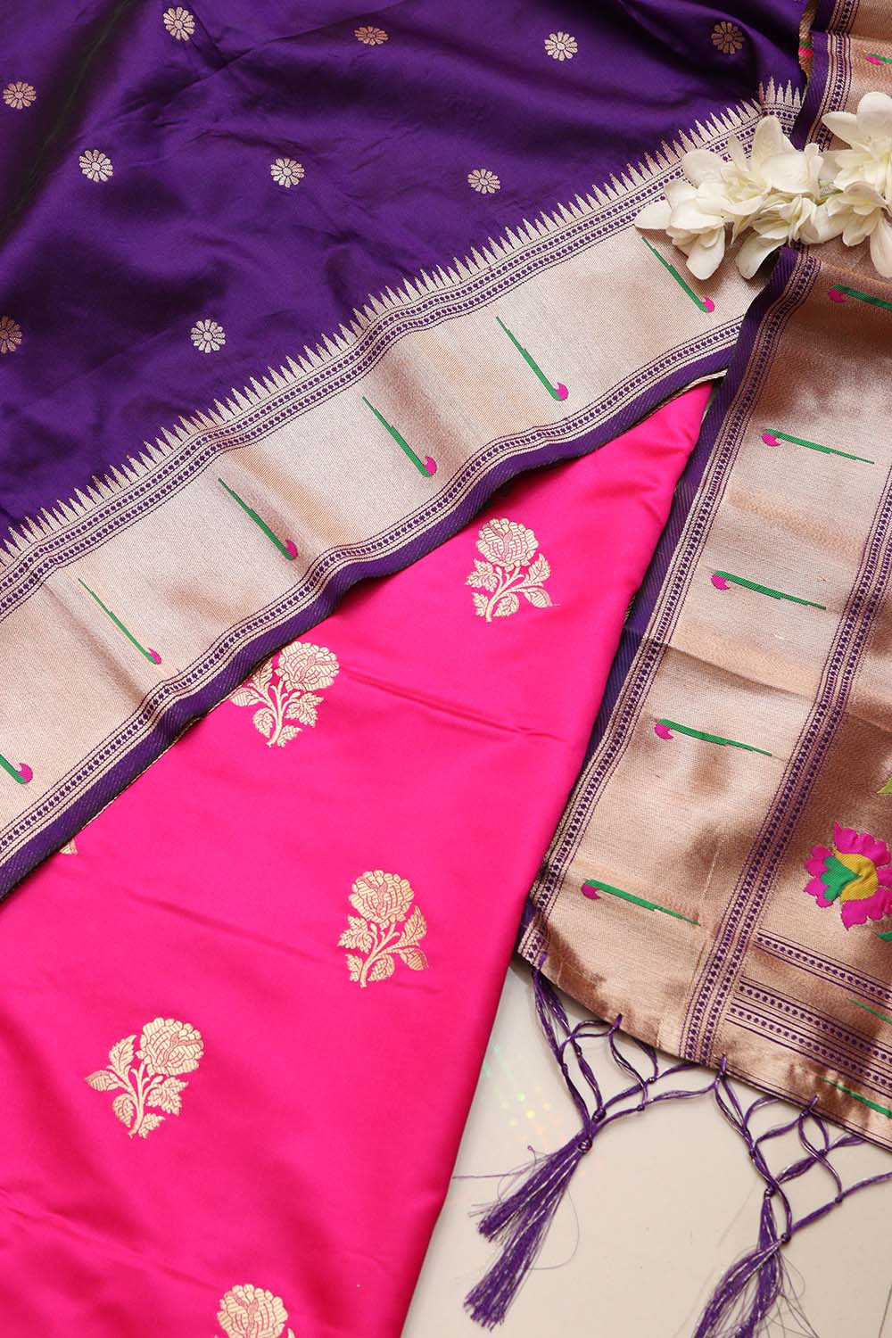 Pink Handloom Banarasi Silk Flower Design Suit With Purple Paithani Silk Flower & Peacock Design Dupatta