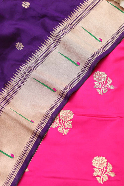 Pink Handloom Banarasi Silk Flower Design Suit With Purple Paithani Silk Flower & Peacock Design Dupatta