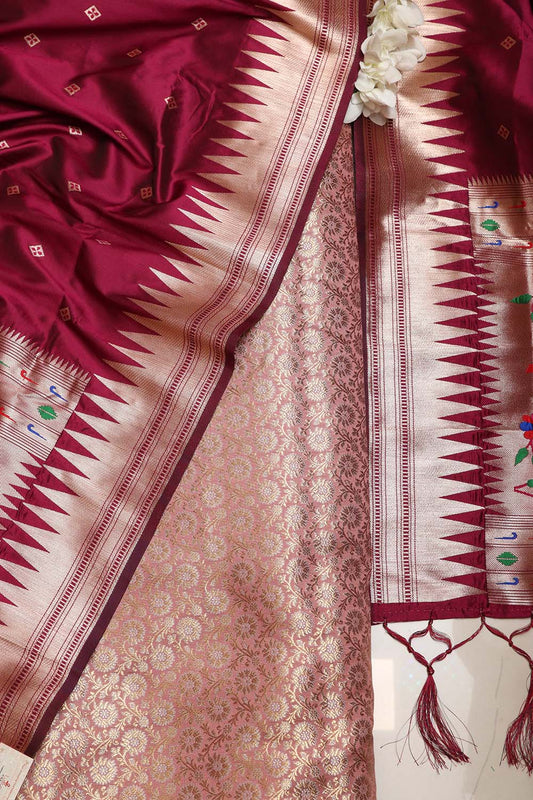 Pink Handloom Banarasi Silk Brocade Sona Roopa Flower Design Suit With Maroon Paithani Silk Bird & Floral Design Dupatta