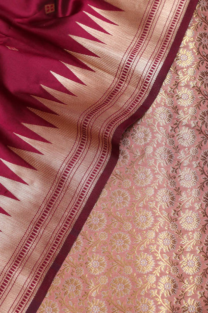 Pink Handloom Banarasi Silk Brocade Sona Roopa Flower Design Suit With Maroon Paithani Silk Bird & Floral Design Dupatta