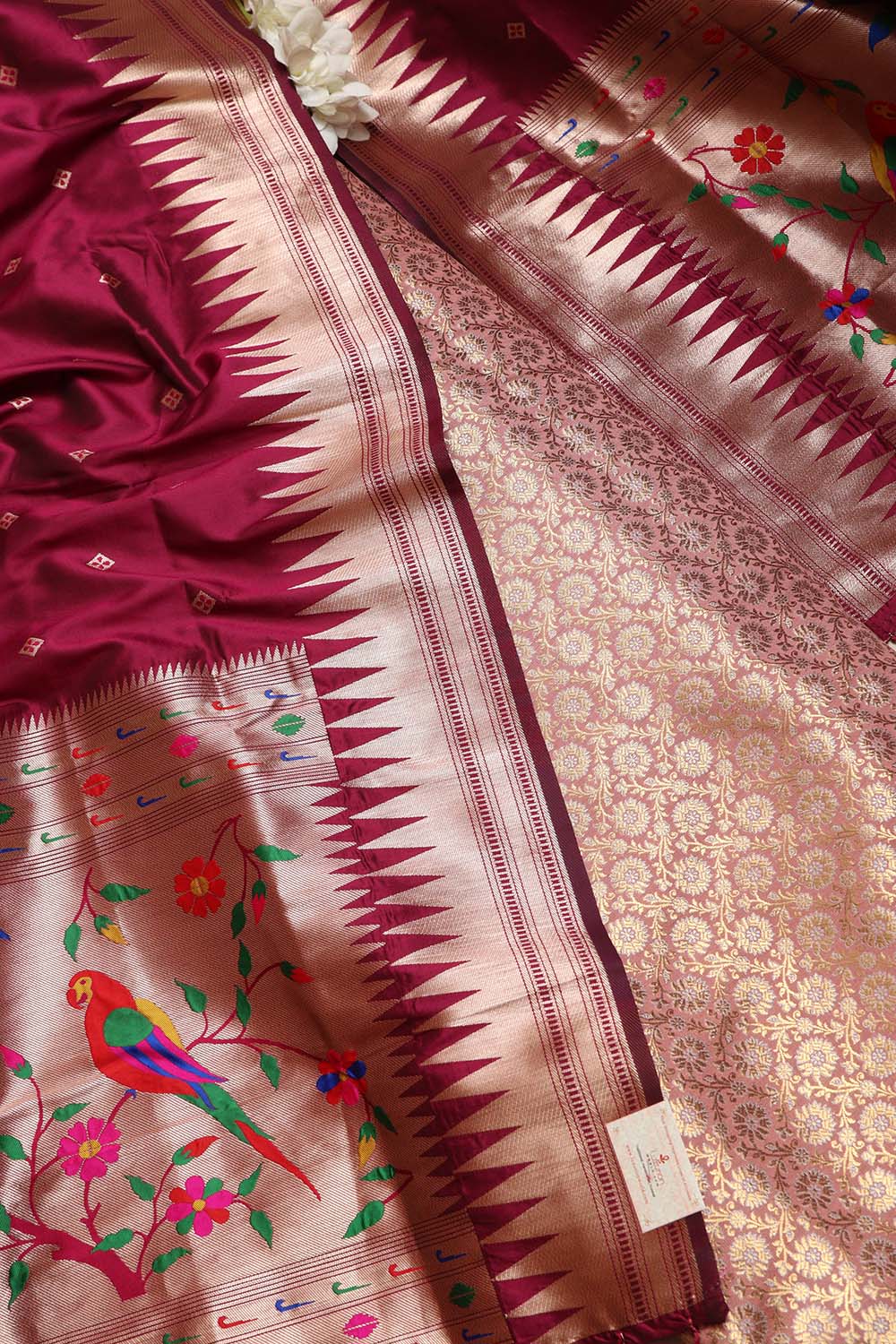 Pink Handloom Banarasi Silk Brocade Sona Roopa Flower Design Suit With Maroon Paithani Silk Bird & Floral Design Dupatta - Luxurion World