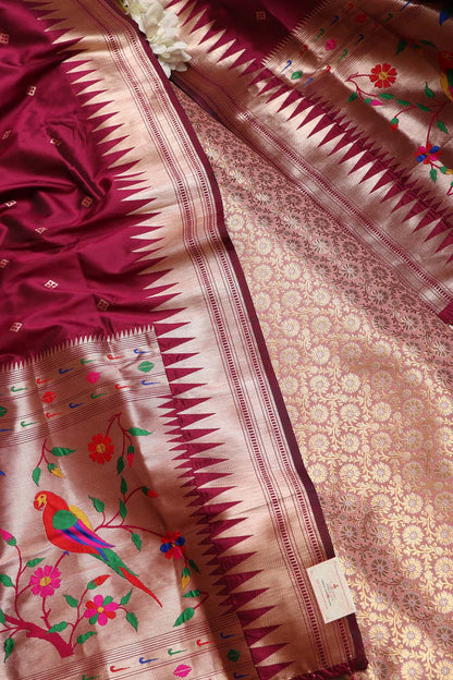 Pink Handloom Banarasi Silk Brocade Sona Roopa Flower Design Suit With Maroon Paithani Silk Bird & Floral Design Dupatta