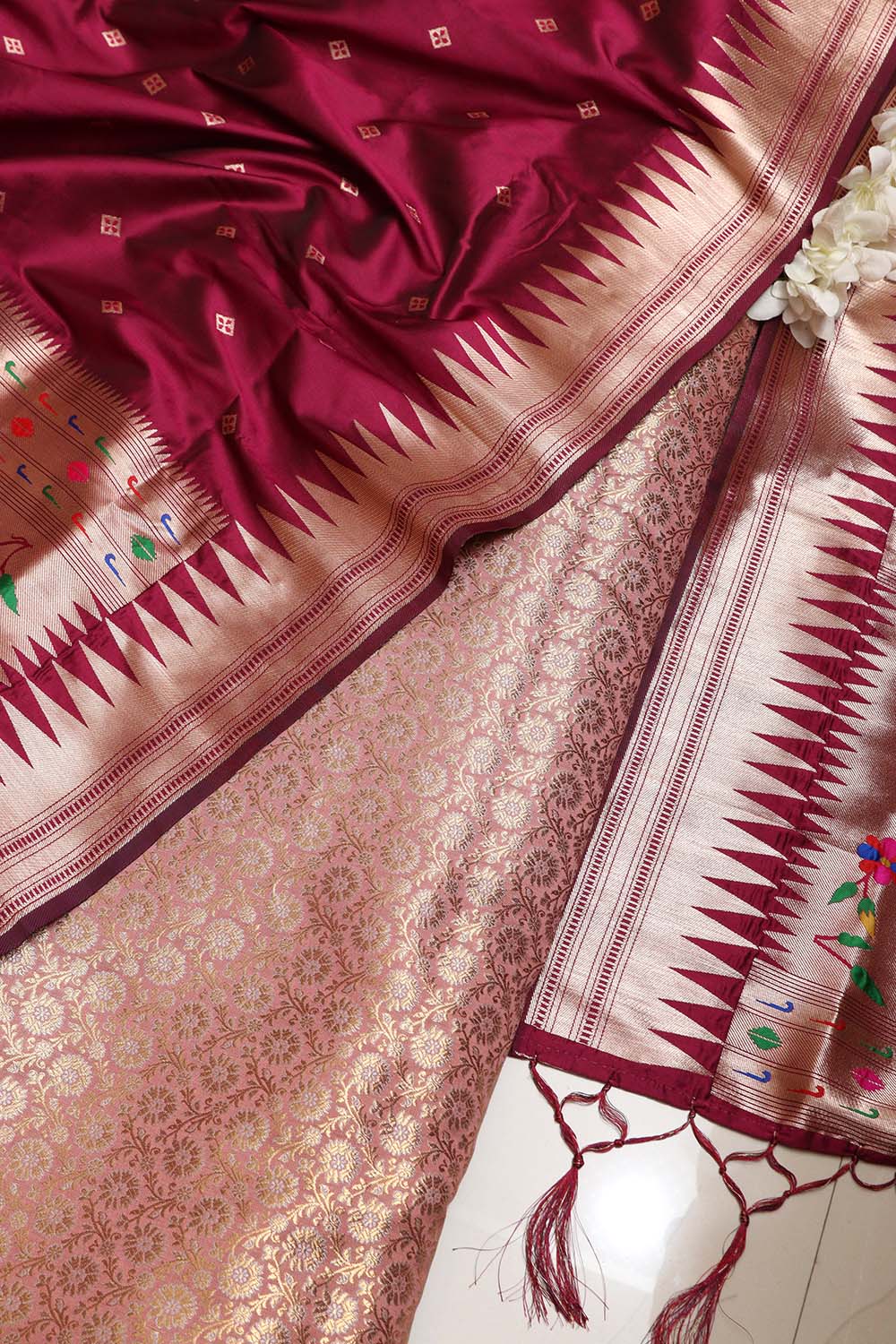 Pink Handloom Banarasi Silk Brocade Sona Roopa Flower Design Suit With Maroon Paithani Silk Bird & Floral Design Dupatta