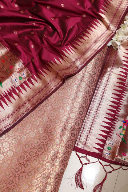 Pink Handloom Banarasi Silk Brocade Sona Roopa Flower Design Suit With Maroon Paithani Silk Bird & Floral Design Dupatta