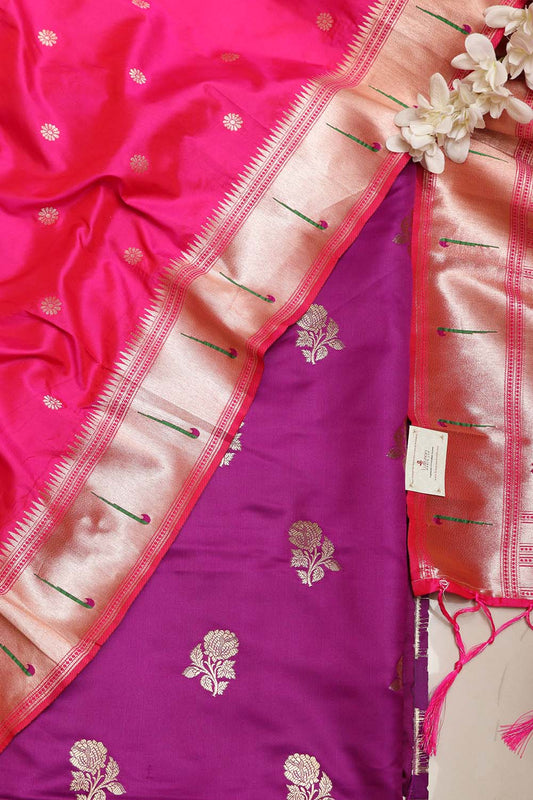 Purple Handloom Banarasi Silk Flower Design Suit With Pink Paithani Silk Flower & Peacock Design Dupatta