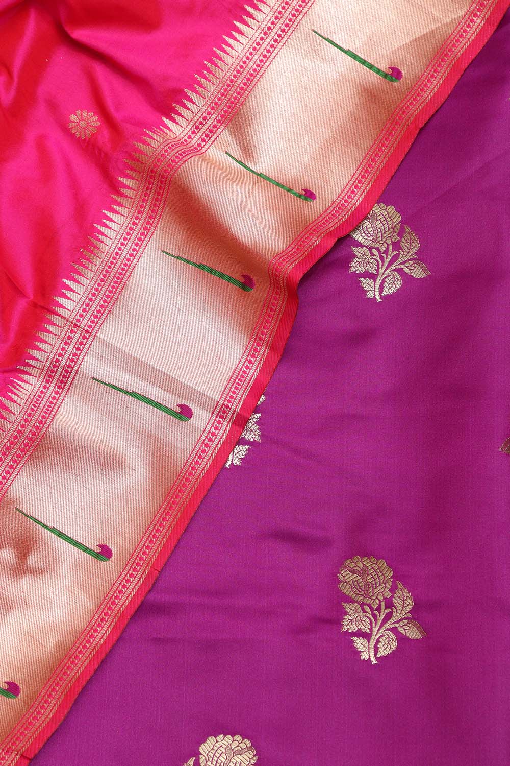 Purple Handloom Banarasi Silk Flower Design Suit With Pink Paithani Silk Flower & Peacock Design Dupatta - Luxurion World