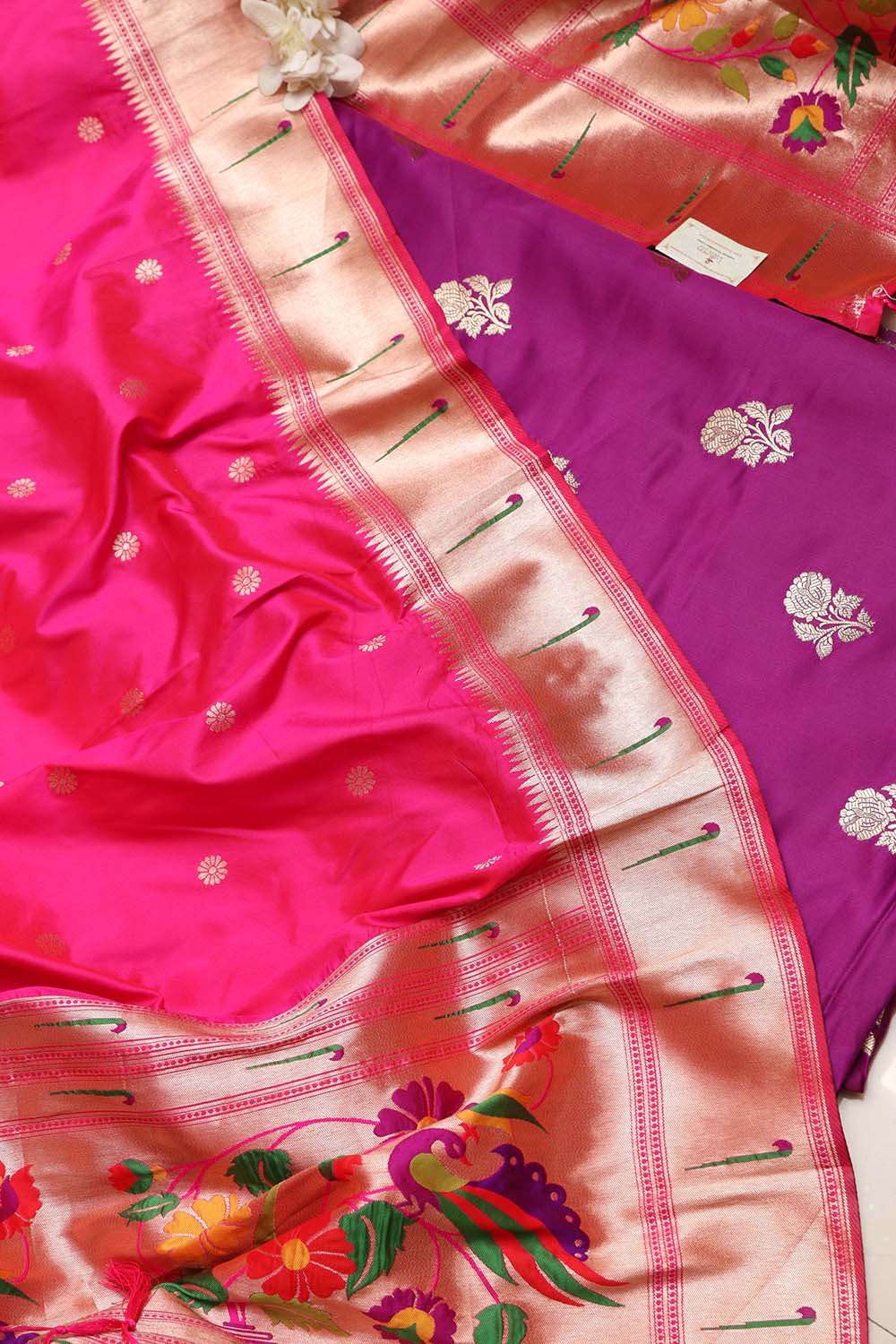 Purple Handloom Banarasi Silk Flower Design Suit With Pink Paithani Silk Flower & Peacock Design Dupatta - Luxurion World