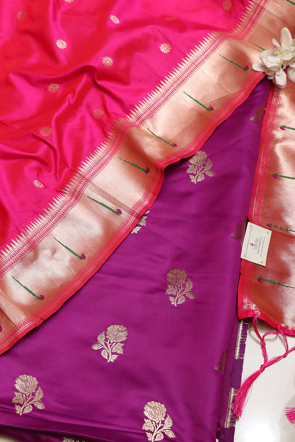 Purple Handloom Banarasi Silk Flower Design Suit With Pink Paithani Silk Flower & Peacock Design Dupatta - Luxurion World