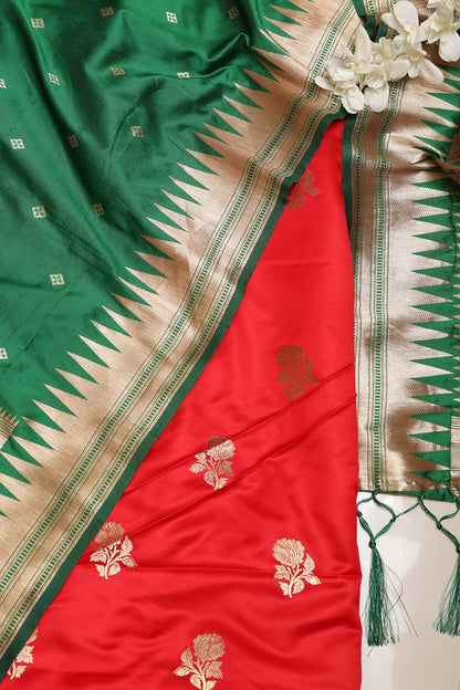 Red Handloom Banarasi Silk Flower Design Suit With Green Paithani Silk Bird & Floral Design Dupatta