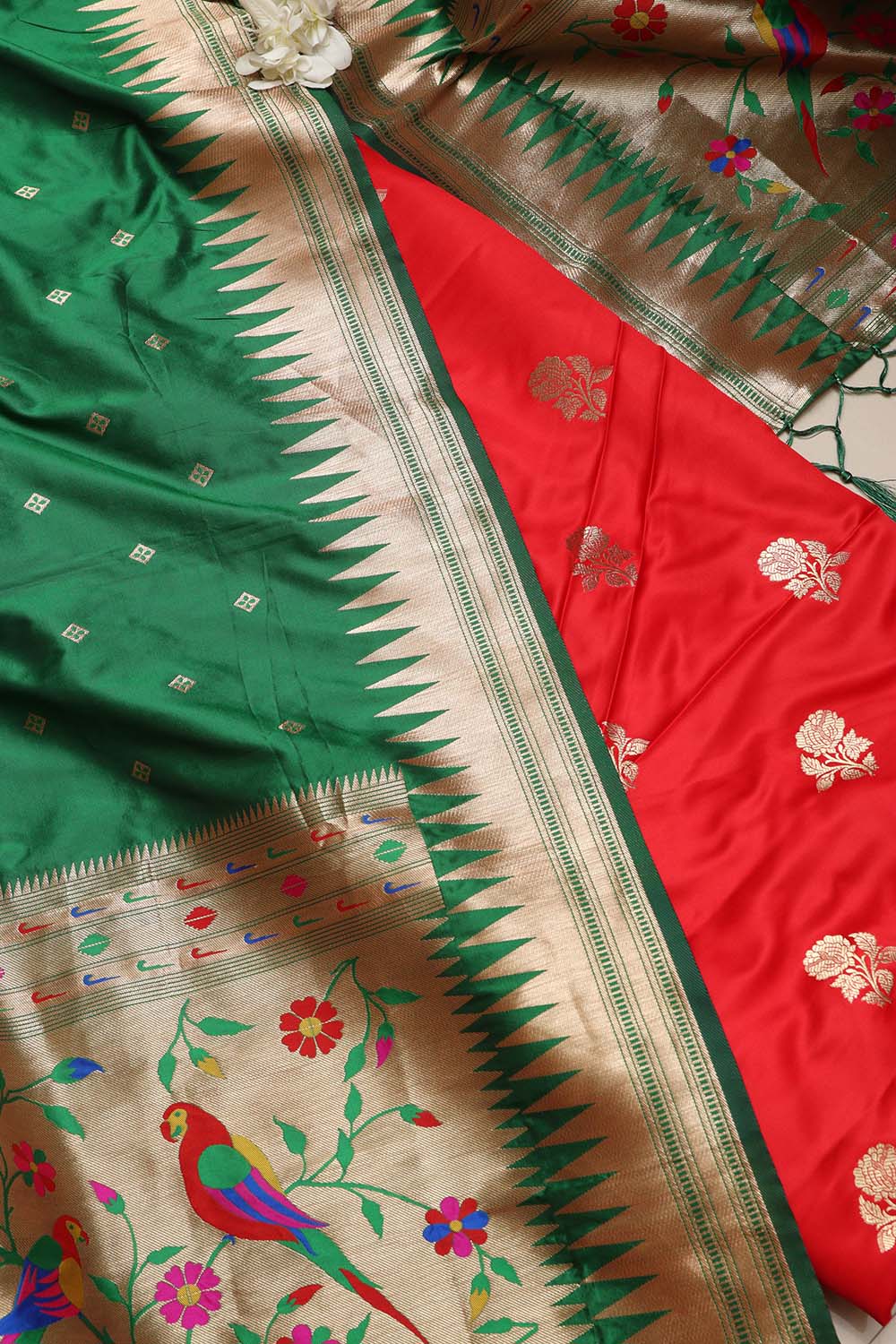 Red Handloom Banarasi Silk Flower Design Suit With Green Paithani Silk Bird & Floral Design Dupatta