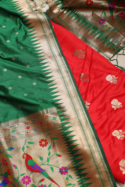 Red Handloom Banarasi Silk Flower Design Suit With Green Paithani Silk Bird & Floral Design Dupatta