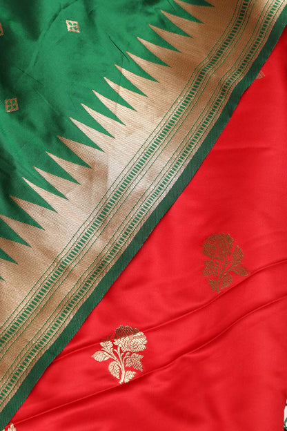 Red Handloom Banarasi Silk Flower Design Suit With Green Paithani Silk Bird & Floral Design Dupatta