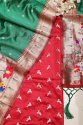 Red Banarasi Mashru Silk Deer Design Suit With Green Paithani Silk Flower & Peacock Design Dupatta - Luxurion World
