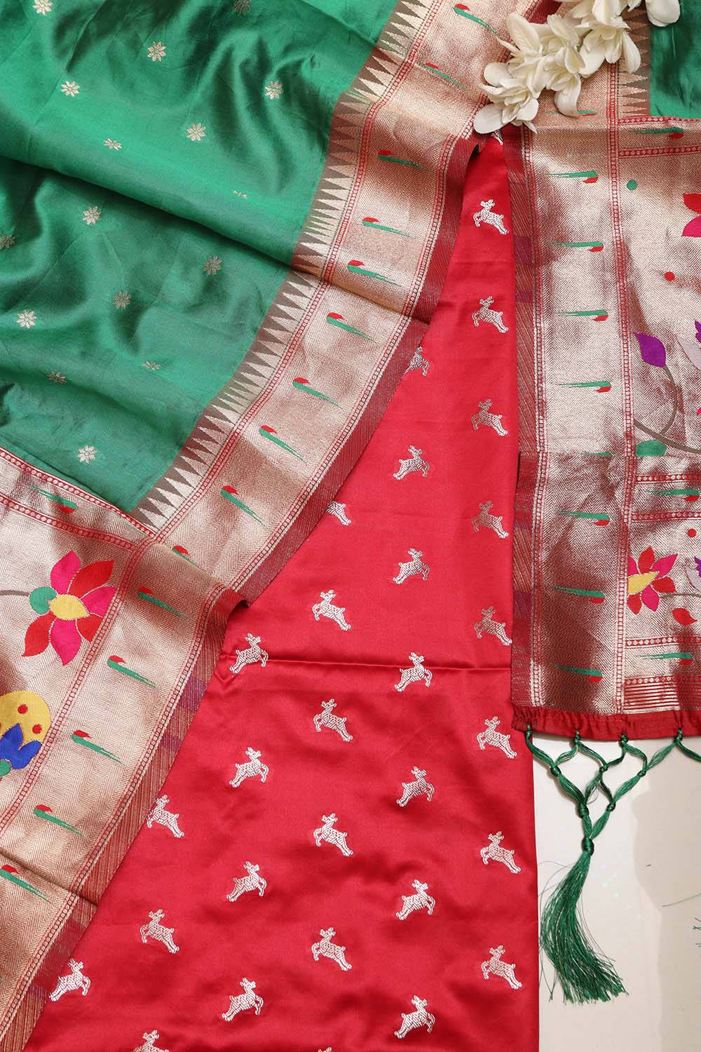 Red Banarasi Mashru Silk Deer Design Suit With Green Paithani Silk Flower & Peacock Design Dupatta - Luxurion World