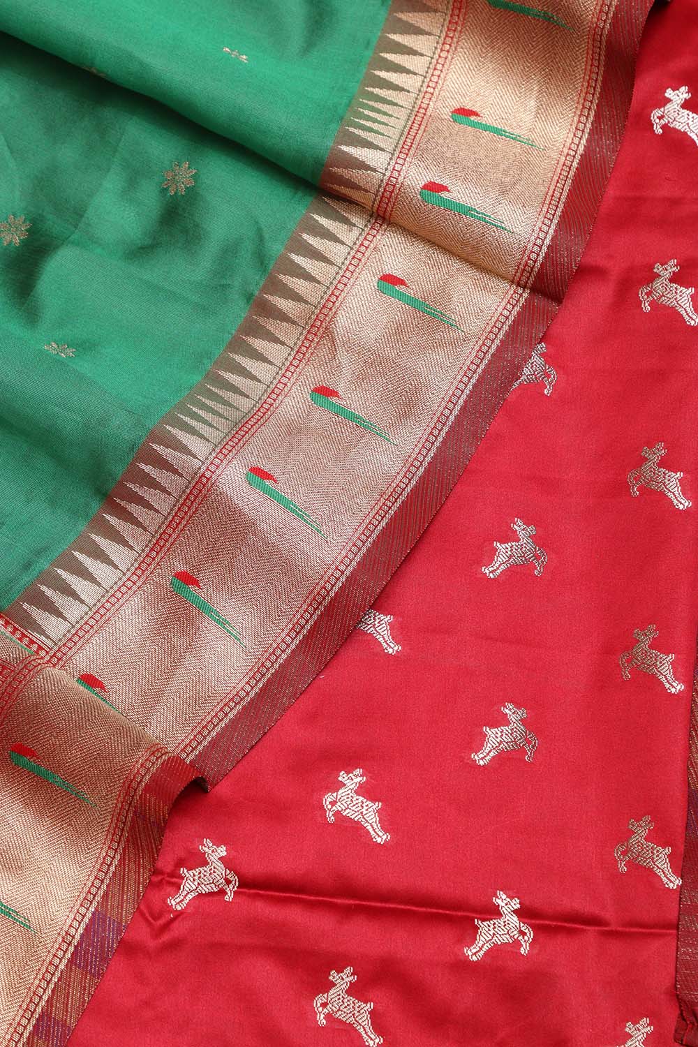 Red Banarasi Mashru Silk Deer Design Suit With Green Paithani Silk Flower & Peacock Design Dupatta - Luxurion World