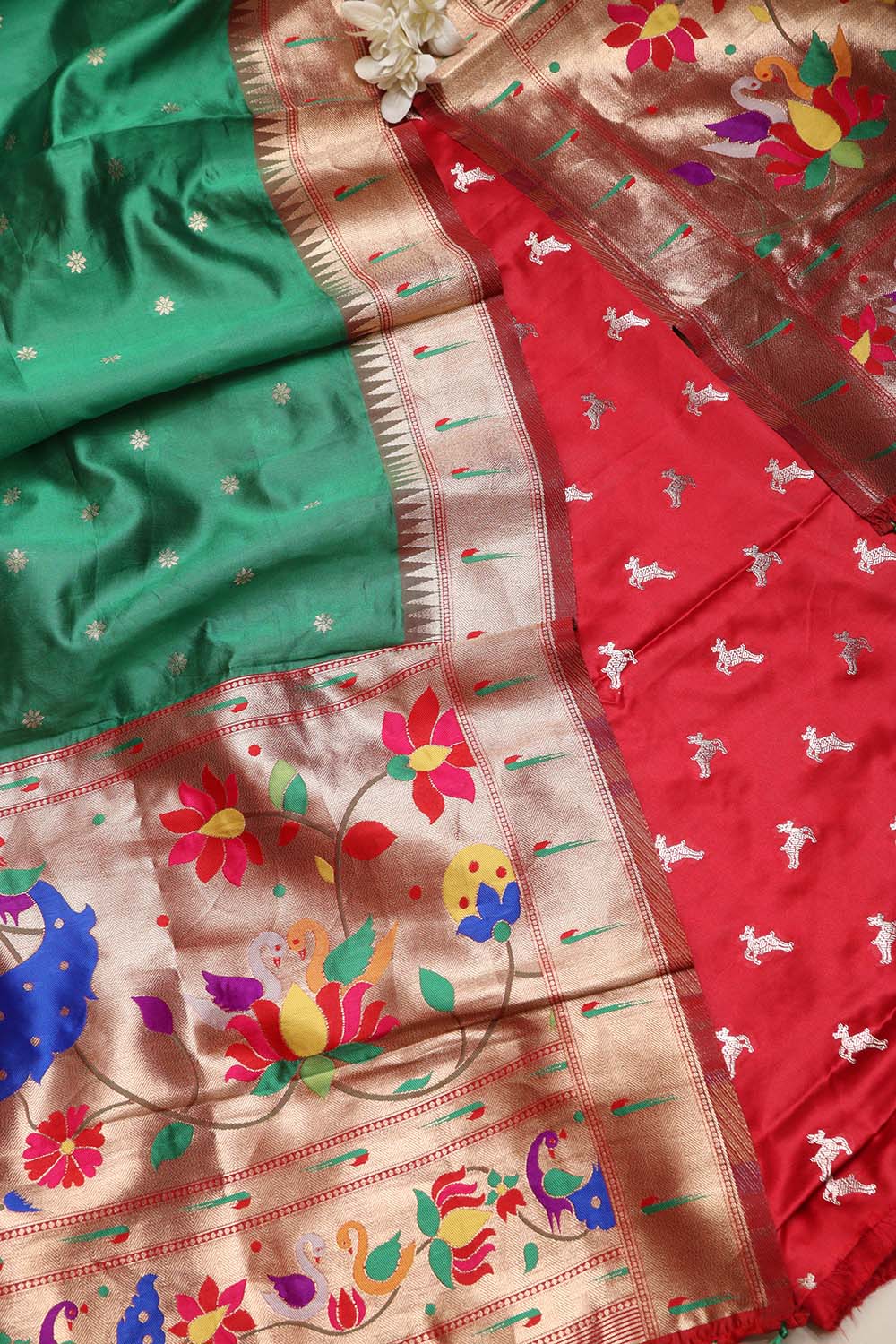 Red Banarasi Mashru Silk Deer Design Suit With Green Paithani Silk Flower & Peacock Design Dupatta - Luxurion World
