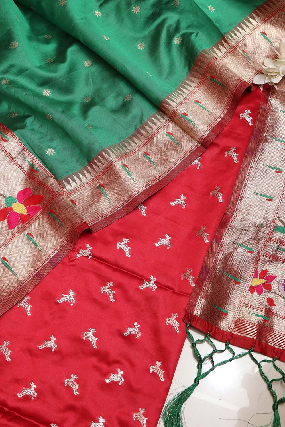Red Banarasi Mashru Silk Deer Design Suit With Green Paithani Silk Flower & Peacock Design Dupatta - Luxurion World