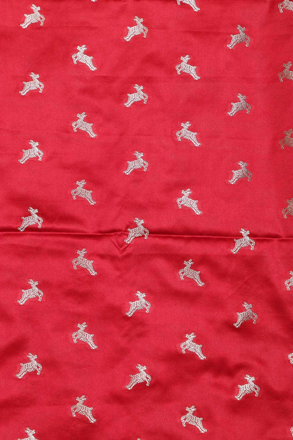 Red Banarasi Mashru Silk Deer Design Suit With Green Paithani Silk Flower & Peacock Design Dupatta