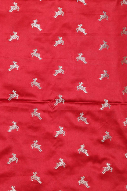 Red Banarasi Mashru Silk Deer Design Suit With Green Paithani Silk Flower & Peacock Design Dupatta