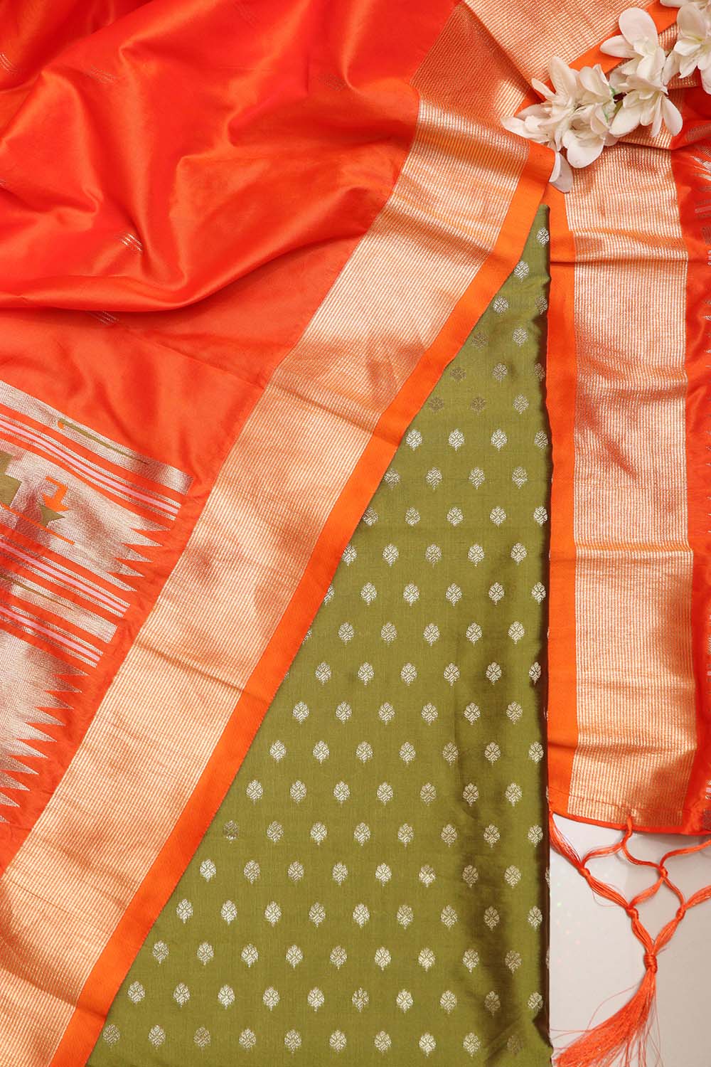 Green Banarasi Silk Small Booti Design Suit With Green Paithani Silk Flower & Peacock Design Dupatta - Luxurion World