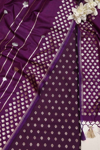 Elegant Purple Banarasi Silk Small Booti Design Suit With Purple Banarasi Silk Dupatta - Luxurion World