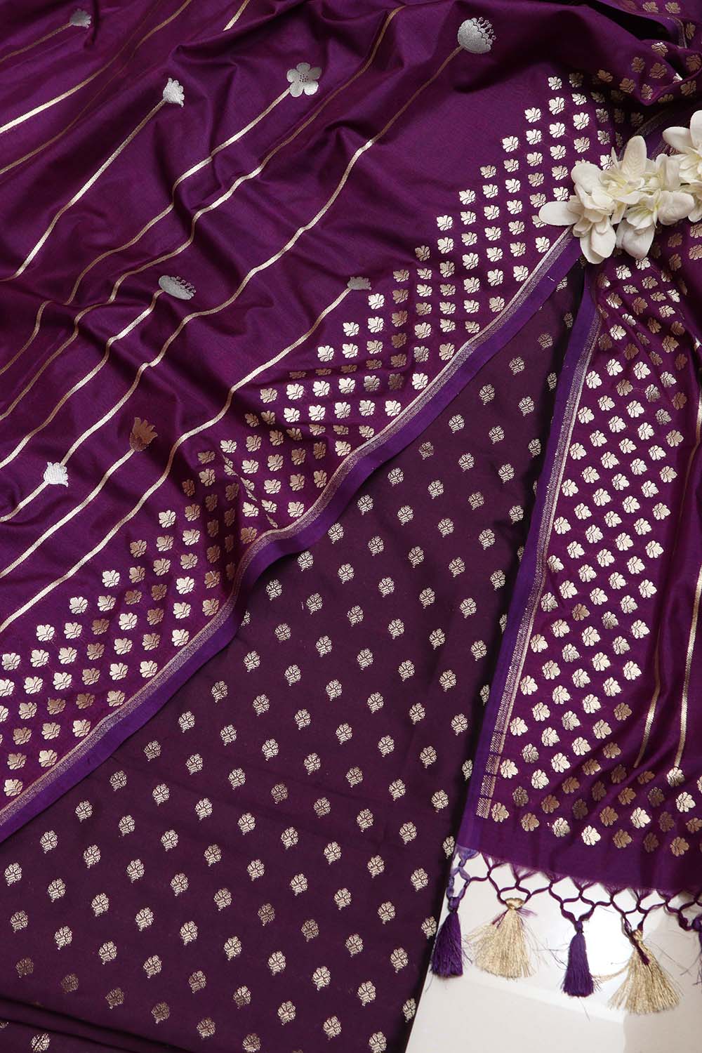Elegant Purple Banarasi Silk Small Booti Design Suit With Purple Banarasi Silk Dupatta - Luxurion World