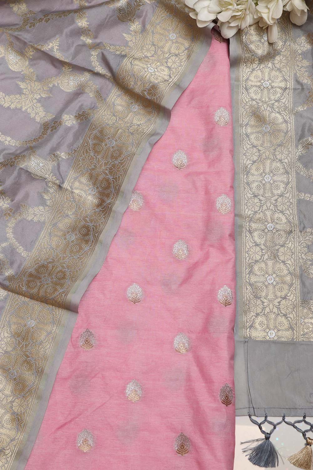 IS4B125122901 Pink Banarasi Silk Suit With Grey Banarasi Silk Dupatta