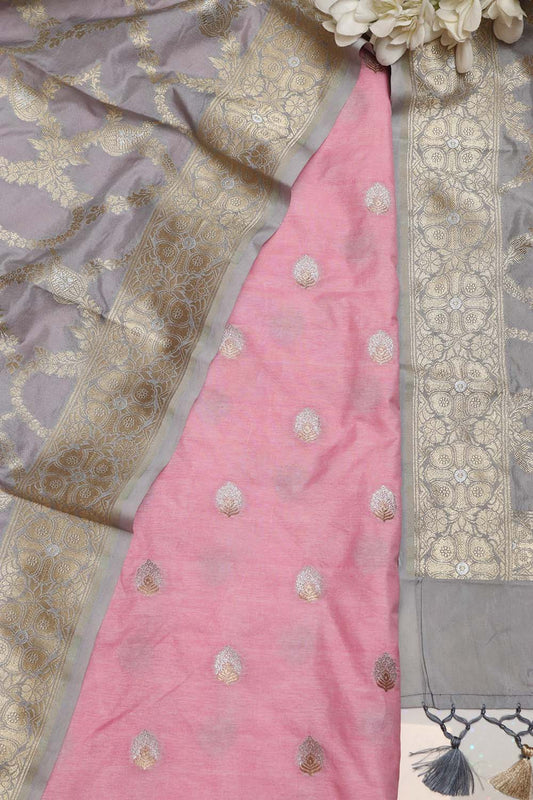IS4B125122901 Pink Banarasi Silk Suit With Grey Banarasi Silk Dupatta