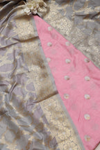 Pink Banarasi Silk Suit With Grey Banarasi Silk Dupatta - Luxurion World