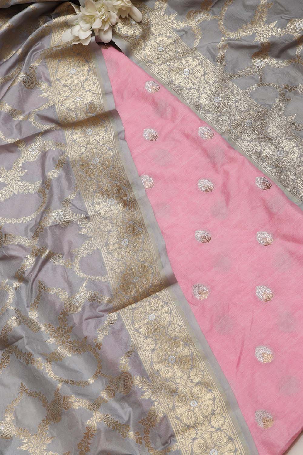 Pink Banarasi Silk Suit With Grey Banarasi Silk Dupatta - Luxurion World