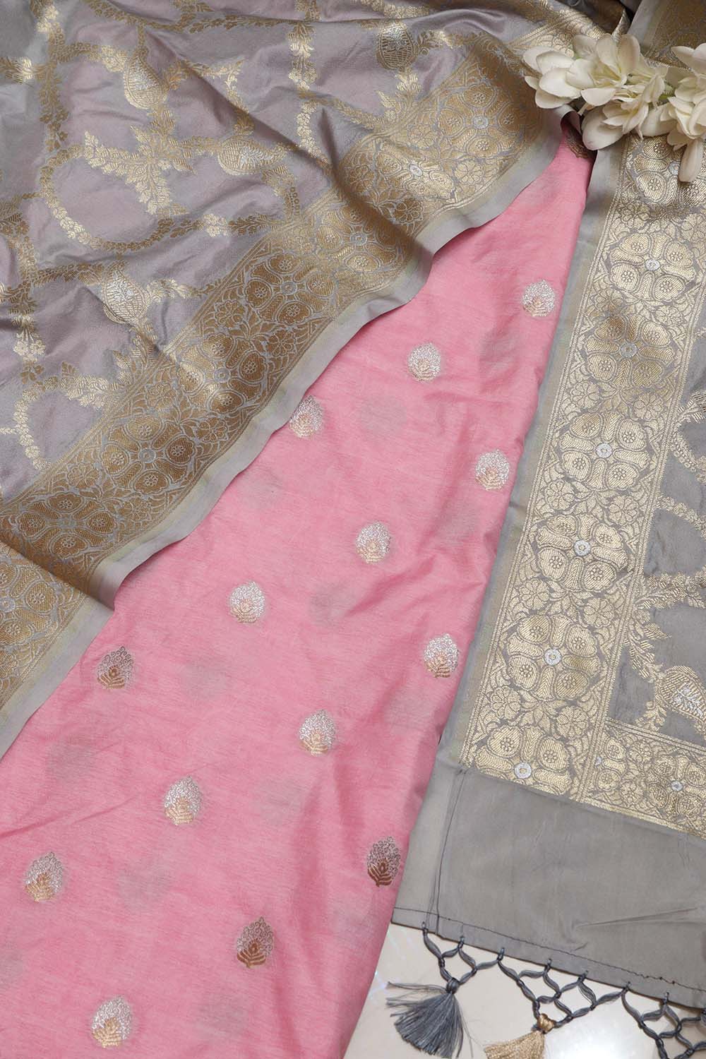 IS4B125122901 Pink Banarasi Silk Suit With Grey Banarasi Silk Dupatta