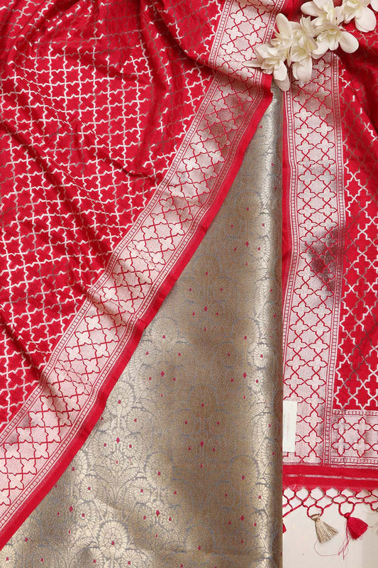 IS4B125122902 Grey Banarasi Silk Brocade Meenakari Suit With Red Banarasi Silk Dupatta